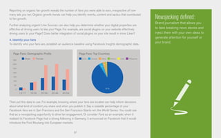 37
Reporting on organic fan growth reveals the number of fans you were able to earn, irrespective of how
many ads you ran. Organic growth trends can help you identify events, content and tactics that contributed
to fan growth.
Further analyzing organic Like Sources can also help you determine whether your digital properties are
effective at driving users to like your Page. For example, are social plugins on your website effectively
driving users to your Page? Does better integration of social plugins on your site result in more Likes?
4. Identify your fans
To identify who your fans are, establish an audience baseline using Facebook Insights demographic data.
Then put this data to use. For example, knowing where your fans are located can help inform decisions
about what kind of content you share and when you publish it. Say a sizeable percentage of your
Facebook fans are in San Francisco and the San Francisco Giants win the World Series. You could use
that as a newsjacking opportunity to drive fan engagement. Or consider Ford as an example; when it
realized its Facebook Page had a strong following in Germany, it announced on Facebook that it would
introduce the Ford Mustang into European markets.
Newsjacking defined:
Brand journalism that allows you
to take breaking news stories and
inject them with your own ideas to
generate attention for yourself or
your brand.
Page Fans: Demographic Profile Page Fans: Top Countries
13-17 18-24 25-34 35-44 45-54
35K
30K
25K
20K
15K
10K
5K
0
Male U.S.A.Female Canada Other Mexico India Philippines
91%
4%
3%
1%
 