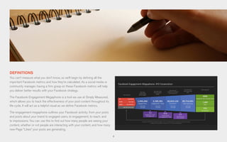 4
DEFINITIONS
You can’t measure what you don’t know, so we’ll begin by defining all the
important Facebook metrics and how they’re calculated. As a social media or
community manager, having a firm grasp on these Facebook metrics will help
you deliver better results with your Facebook strategy.
The Facebook Engagement Megaphone is a tool we use at Simply Measured,
which allows you to track the effectiveness of your post content throughout its
life cycle. It will act as a helpful visual as we define Facebook metrics.
The engagement megaphone outlines your Facebook activity; from your posts
and posts about your brand to engaged users, to engagement, to reach, and
to impressions. You can use this to find out how many people are seeing your
content, whether or not people are interacting with your content, and how many
new Page “Likes” your posts are generating.
 