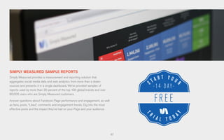 67
SIMPLY MEASURED SAMPLE REPORTS
Simply Measured provides a measurement and reporting solution that
aggregates social media data and web analytics from more than a dozen
sources and presents it in a single dashboard. We’ve provided samples of
reports used by more than 30 percent of the top 100 global brands and over
80,000 users who are Simply Measured customers.
Answer questions about Facebook Page performance and engagement, as well
as fans, posts, “Likes”, comments and engagement trends. Dig into the most
effective posts and the impact they’ve had on your Page and your audience.
 