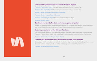 68
Understand the performance of your brand’s Facebook Page(s)
Facebook Page Insights Report *This report requires authorization from your Facebook Page
Facebook Post Insights Report *This report requires authorization from your Facebook Page
Multiple Channel Facebook Analysis Report (Mashable)
Facebook Content Analysis Report (Cheerios)
Facebook Domain Insights Report *Requires use of Facebook Social Plugins
Instagram Account Report
Benchmark your brand’s Facebook performance against competitors
Analyze the audience, content and engagement trends of any Facebook Page, allowing you to understand
your competitive position, performance and market share compared to your competitors.
Measure your customer service efforts on Facebook
Dive into individual user posts, track response rates and times, and analyze a dedicated customer service
Facebook Page in relation to your main brand Page to understand your customer service effectiveness.
Facebook Customer Service Analysis (Home Depot)
Compare your efforts on Facebook against those on other social networks
Measure your efforts on Twitter in context with Facebook, Instagram, Tumblr, YouTube, Google+ and more.
Compare audience size and growth, as well as post engagement across all major networks.
Complete Social Media Snapshot (RedBull)
 