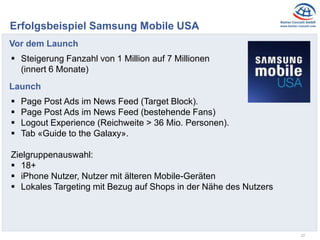 27
Erfolgsbeispiel Samsung Mobile USA
Vor dem Launch
 Steigerung Fanzahl von 1 Million auf 7 Millionen
(innert 6 Monate)
Launch
 Page Post Ads im News Feed (Target Block).
 Page Post Ads im News Feed (bestehende Fans)
 Logout Experience (Reichweite > 36 Mio. Personen).
 Tab «Guide to the Galaxy».
Zielgruppenauswahl:
 18+
 iPhone Nutzer, Nutzer mit älteren Mobile-Geräten
 Lokales Targeting mit Bezug auf Shops in der Nähe des Nutzers
 