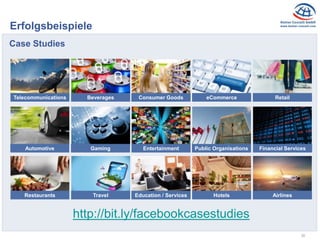 30
Erfolgsbeispiele
Case Studies
Telecommunications Beverages Consumer Goods eCommerce Retail
Automotive Gaming Entertainment Public Organisations Financial Services
Restaurants Travel Education / Services Hotels Airlines
http://bit.ly/facebookcasestudies
 