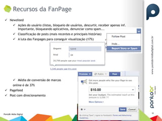 Recursos da FanPage
  Newsfeed
           Ações do usuário (listas, bloqueio de usuários, descurtir, receber apenas inf.
            Importante, bloqueando aplicativos, denunciar como spam...
           Classificação de posts (mais recentes e principais histórias)
           A luta das Fanpages para conseguir visualização (17%)




           Média de conversão de marcas
          online é de 37%
  Pagefeed
  Post com direcionamento




                                                                                             10
PontoBr Mídia Digital
 