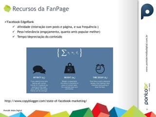 Recursos da FanPage
 Facebook EdgeRank
           Afinidade (interação com posts e página, e sua frequência )
           Peso/relevância (engajamento, quanto amis popular melhor)
           Tempo/depreciação do conteúdo




 http://www.copyblogger.com/state-of-facebook-marketing/

                                                                          11
PontoBr Mídia Digital
 