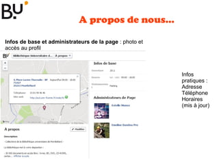 A propos de nous...
Infos
pratiques :
Adresse
Téléphone
Horaires
(mis à jour)
Infos de base et administrateurs de la page : photo et
accès au profil
 