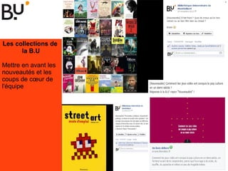 Les collections de
la B.U
Mettre en avant les
nouveautés et les
coups de cœur de
l'équipe
 