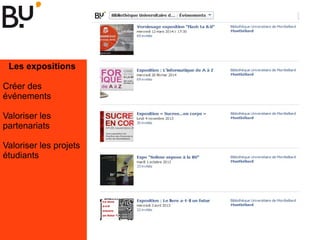 Les expositions
Créer des
événements
Valoriser les
partenariats
Valoriser les projets
étudiants
 
