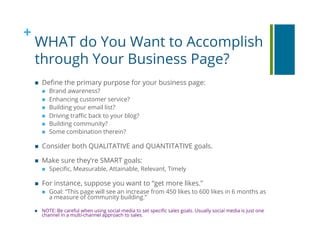 +
WHAT do You Want to Accomplish
through Your Business Page?
!  Deﬁne the primary purpose for your business page:
!  Brand...