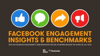 1
FACEBOOK ENGAGEMENT
INSIGHTS & BENCHMARKSDATA ON FACEBOOK ENGAGEMENT & USER BEHAVIOUR FOR 225 COUNTRIES AROUND THE WORLD IN JULY 2018
 