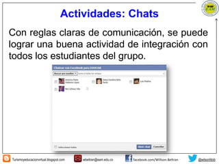 Turismoyeducacionvirtual.blogspot.com wbeltran@eam.edu.co facebook.com/Willson.Beltran @wilsonfdob
Actividades: Chats
Con reglas claras de comunicación, se puede
lograr una buena actividad de integración con
todos los estudiantes del grupo.
 