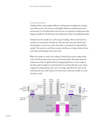 23 of 70
data center infrastructure
outdoor air cooling
Traditional data centers employ chillers or cooling towers to regulate the tempera-
ture of their servers. This system can be highly inefficient and detrimental to the
environment, so in Facebook data centers we use an evaporative cooling system that
brings in outside air and then lowers the temperature of that air by adding humidity.
Facebook uses the outside air as a first stage of cooling, which is also known as
outside air economization. Outside air enters the data center, gets filtered and
directed down to the servers, and is then either re-circulated or exhausted back
outside. This system is used all year round, and allows us to forgo chemical water
treatments and dumping cooler tower water.
When the outside air needs extra cooling, Facebook data centers employ either
a direct ECH misting system or the use of wetted media. This phase drops the
temperature of the air significantly by changing liquid water to water vapor in
the direct path of supply air to the data hall. In our Prineville data center, direct
evaporative cooling operates 6% a year on average, and will be less than 3% for
Luleå because of its cooler climate. For other times of the year, outside air econo-
mization is used.
Hot Aisle
Data Center
Hot Aisle
Common
Return Air
Plenum
Mixed Air
Corridor
Relief Air
Corridor
Supply
Air
Corridor
Fan
Wall
Misting
System
Filter
Wall
Relief Air
Fan
Hot Aisle
Relief
Air
Hot Aisle
Return Air
100%
Outside Air
Intake
Common
Cold Aisle
Server
Cabinets
Server
Cabinets
 