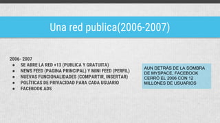 Una red publica(2006-2007)
2006- 2007
● SE ABRE LA RED +13 (PUBLICA Y GRATUITA)
● NEWS FEED (PAGINA PRINCIPAL) Y MINI FEED (PERFIL)
● NUEVAS FUNCIONALIDADES (COMPARTIR, INSERTAR)
● POLÍTICAS DE PRIVACIDAD PARA CADA USUARIO
● FACEBOOK ADS
AUN DETRÁS DE LA SOMBRA
DE MYSPACE, FACEBOOK
CERRÓ EL 2006 CON 12
MILLONES DE USUARIOS
 