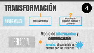 TRANSFORMACIÓN
REDSOCIAL
Medio de información y
comunicación
Novedad, El contenido es
creado por los usuarios
Red universitaria
Espacio para
consumir, publicar y
compartir.
1 2
4
Mutatismutandi
 