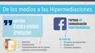 De los medios a las Hipermediaciones
CarlosScolari
”Nimediosnimediaciones:
Hipermediaciones
● Reenvíos
● Hibridaciones
● Contaminaciones de los nuevos
procesos comunicacionales.
Se trata de:
● Procesos de intercambio
● Producción
● Consumo simbólico
Formas de
comunicación
Hipermediáticas
 