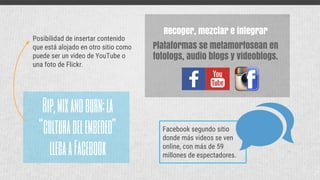 Rip,mixandburn:la
“culturadelembeded”
llegaaFacebook
Plataformas se metamorfosean en
fotologs, audio blogs y videoblogs.
Posibilidad de insertar contenido
que está alojado en otro sitio como
puede ser un video de YouTube o
una foto de Flickr.
Facebook segundo sitio
donde más videos se ven
online, con más de 59
millones de espectadores.
Recoger, mezclar e integrar
 