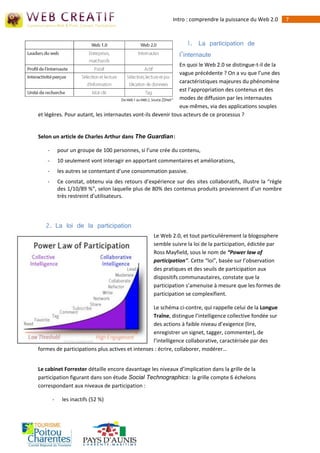Intro : comprendre la puissance du Web 2.0        7



                                                                  1. La participation de
                                                               l’internaute
                                                             En quoi le Web 2.0 se distingue-t-il de la
                                                             vague précédente ? On a vu que l’une des
                                                             caractéristiques majeures du phénomène
                                                             est l’appropriation des contenus et des
                                                             modes de diffusion par les internautes
                                                             eux-mêmes, via des applications souples
et légères. Pour autant, les internautes vont-ils devenir tous acteurs de ce processus ?


Selon un article de Charles Arthur dans The Guardian :

    -       pour un groupe de 100 personnes, si l’une crée du contenu,
    -       10 seulement vont interagir en apportant commentaires et améliorations,
    -       les autres se contentant d’une consommation passive.
    -       Ce constat, obtenu via des retours d’expérience sur des sites collaboratifs, illustre la “règle
            des 1/10/89 %”, selon laquelle plus de 80% des contenus produits proviennent d’un nombre
            très restreint d’utilisateurs.




   2. La loi de la participation
                                                    Le Web 2.0, et tout particulièrement la blogosphere
                                                    semble suivre la loi de la participation, édictée par
                                                    Ross Mayfield, sous le nom de “Power law of
                                                    participation". Cette “loi”, basée sur l’observation
                                                    des pratiques et des seuils de participation aux
                                                    dispositifs communautaires, constate que la
                                                    participation s’amenuise à mesure que les formes de
                                                    participation se complexifient.

                                                 Le schéma ci-contre, qui rappelle celui de la Longue
                                                 Traîne, distingue l’intelligence collective fondée sur
                                                 des actions à faible niveau d’exigence (lire,
                                                 enregistrer un signet, tagger, commenter), de
                                                 l’intelligence collaborative, caractérisée par des
formes de participations plus actives et intenses : écrire, collaborer, modérer…


Le cabinet Forrester détaille encore davantage les niveaux d’implication dans la grille de la
participation figurant dans son étude Social Technographics : la grille compte 6 échelons
correspondant aux niveaux de participation :

        -     les inactifs (52 %)
 