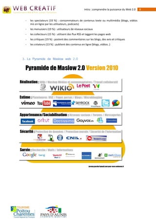 Intro : comprendre la puissance du Web 2.0   8


 -   les spectateurs (33 %) : consommateurs de contenus texte ou multimédia (blogs, vidéos
     mis en ligne par les utilisateurs, podcasts)
 -   les menuisiers (19 %) : utilisateurs de réseaux sociaux
 -   les collecteurs (15 %) : utilisent des flux RSS et taggent les pages web
 -   les critiques (19 %) : postent des commentaires sur les blogs, des avis et critiques
 -   les créateurs (13 %) : publient des contenus en ligne (blogs, vidéos..)




3. La Pyramide de Maslow web 2.0
 