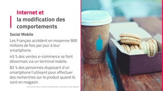 Internet et
la modification des
comportements
Social Mobile
Les Français accèdent en moyenne 900
millions de fois par jour à leur
smartphone.
45 % des ventes e-commerce se font
désormais via un terminal mobile.
82 % des personnes disposant d’un
smartphone l’utilisent pour effectuer
des recherches sur le produit quand ils
sont en magasin
http://itsocial.fr/enjeux-it/mobilite-it/mobilite/limpact-consommateur-mobile-infographie/
 