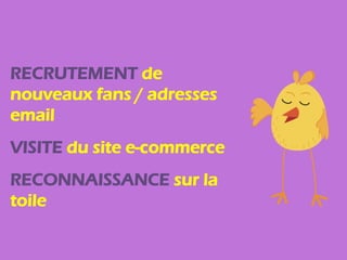 RECRUTEMENT de
nouveaux fans / adresses
email
VISITE du site e-commerce
RECONNAISSANCE sur la
toile
 