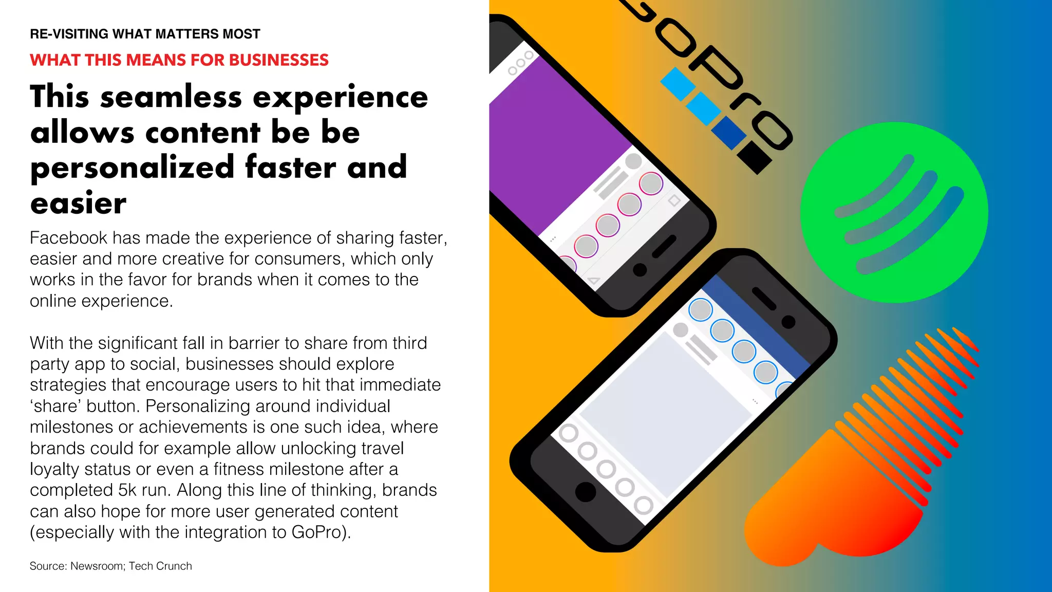 Facebook has made the experience of sharing faster,
easier and more creative for consumers, which only
works in the favor for brands when it comes to the
online experience.
With the significant fall in barrier to share from third
party app to social, businesses should explore
strategies that encourage users to hit that immediate
‘share’ button. Personalizing around individual
milestones or achievements is one such idea, where
brands could for example allow unlocking travel
loyalty status or even a fitness milestone after a
completed 5k run. Along this line of thinking, brands
can also hope for more user generated content
(especially with the integration to GoPro).
EXAMPLE A
WHAT THIS MEANS FOR BUSINESSES
Source: Newsroom; Tech Crunch
RE-VISITING WHAT MATTERS MOST
This seamless experience
allows content be be
personalized faster and
easier
 