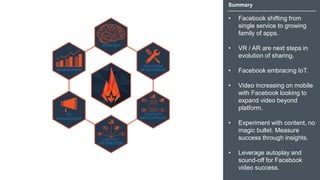 Summary
• Facebook shifting from
single service to growing
family of apps.
• VR / AR are next steps in
evolution of sharing.
• Facebook embracing IoT.
• Video increasing on mobile
with Facebook looking to
expand video beyond
platform.
• Experiment with content, no
magic bullet. Measure
success through insights.
• Leverage autoplay and
sound-off for Facebook
video success.
 