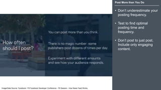 Post More than You Do
• Don’t underestimate your
posting frequency.
• Test to find optimal
posting time and
frequency.
• Don’t post to just post.
Include only engaging
content.
Image/Date Source: Facebook / F8 Facebook Developer Conference - F8 Session - How News Feed Works
 