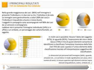 MARZO 2011 6
58
I PRINCIPALI RISULTATI
I TIPI DI IMMAGINI PIÙ COMUNI
Nella grande maggioranza dei casi (86%) nell’immagine...