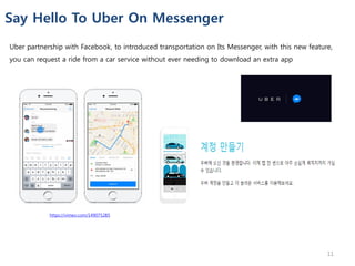 Say Hello To Uber On Messenger
https://vimeo.com/149075285
Uber partnership with Facebook, to introduced transportation on Its Messenger, with this new feature,
you can request a ride from a car service without ever needing to download an extra app
11
 