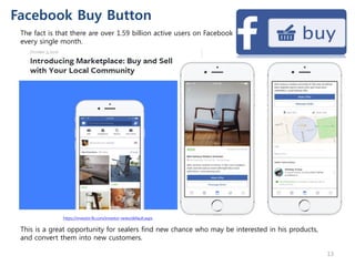 Facebook Buy Button
The fact is that there are over 1.59 billion active users on Facebook
every single month.
This is a great opportunity for sealers find new chance who may be interested in his products,
and convert them into new customers.
https://investor.fb.com/investor-news/default.aspx
13
 