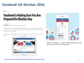 Facebook US Election 2016
http://newsroom.fb.com/news/2016/10/preparing-for-the-us-election-2016/
Voting is important — and everyone deserves to have
the tools to exercise this basic right.
16
 