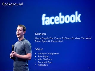 Gives People The Power To Share & Make The Wold
More Open & Connected.
Background
Mission
Value
• Website Integration
• Fan Pages
• Ads Platform
• Branded App
• Analytics
3
 