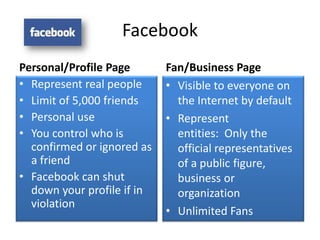 Facebook
Personal/Profile Page       Fan/Business Page
• Represent real people     • Visible to everyone on
• Limit of 5,000 friends      the Internet by default
• Personal use              • Represent
• You control who is          entities: Only the
  confirmed or ignored as     official representatives
  a friend                    of a public figure,
• Facebook can shut           business or
  down your profile if in     organization
  violation
                            • Unlimited Fans
 