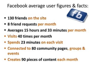 Facebook average user figures & facts:

 130 friends
 8 friend requests
 Averages 15 hours and 33 minutes
         40 times per month
          23 minutes
                80 community pages

         90 pieces of content
 