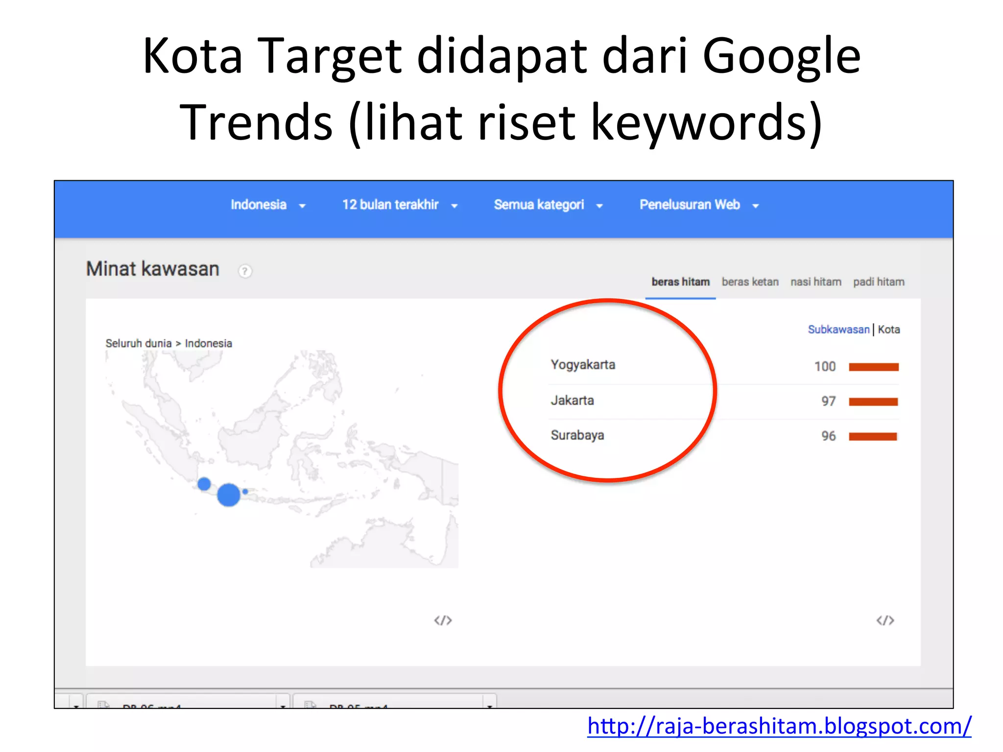 Kota	
  Target	
  didapat	
  dari	
  Google	
  
Trends	
  (lihat	
  riset	
  keywords)	
  
hAp://raja-­‐berashitam.blogspot.com/	
  	
  
 