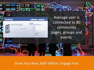 Average user is connected to 80 community pages, groups and events  http://www.flickr.com/photos/16151021@N00/4260490207/ Grow Your Base, 600+ Million, Engage Fans  