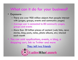 What can it do for your business?
                     y
• Exposure-
  – There are over 900 million objects that p p interact
                                  j          people
    with (pages, groups, events and community pages)
  – Average user is connected to 80 community pages,
    groups and events
               d      t
  – More than 30 billion pieces of content (web links, news
    stories, blog p , notes, p
           ,    g posts,    , photo albums, etc.) shared
                                           ,    )
    each month
• You can add applications, events, a blog, a
  shopping cart, link to Twitter and more
                They tell two friends
 