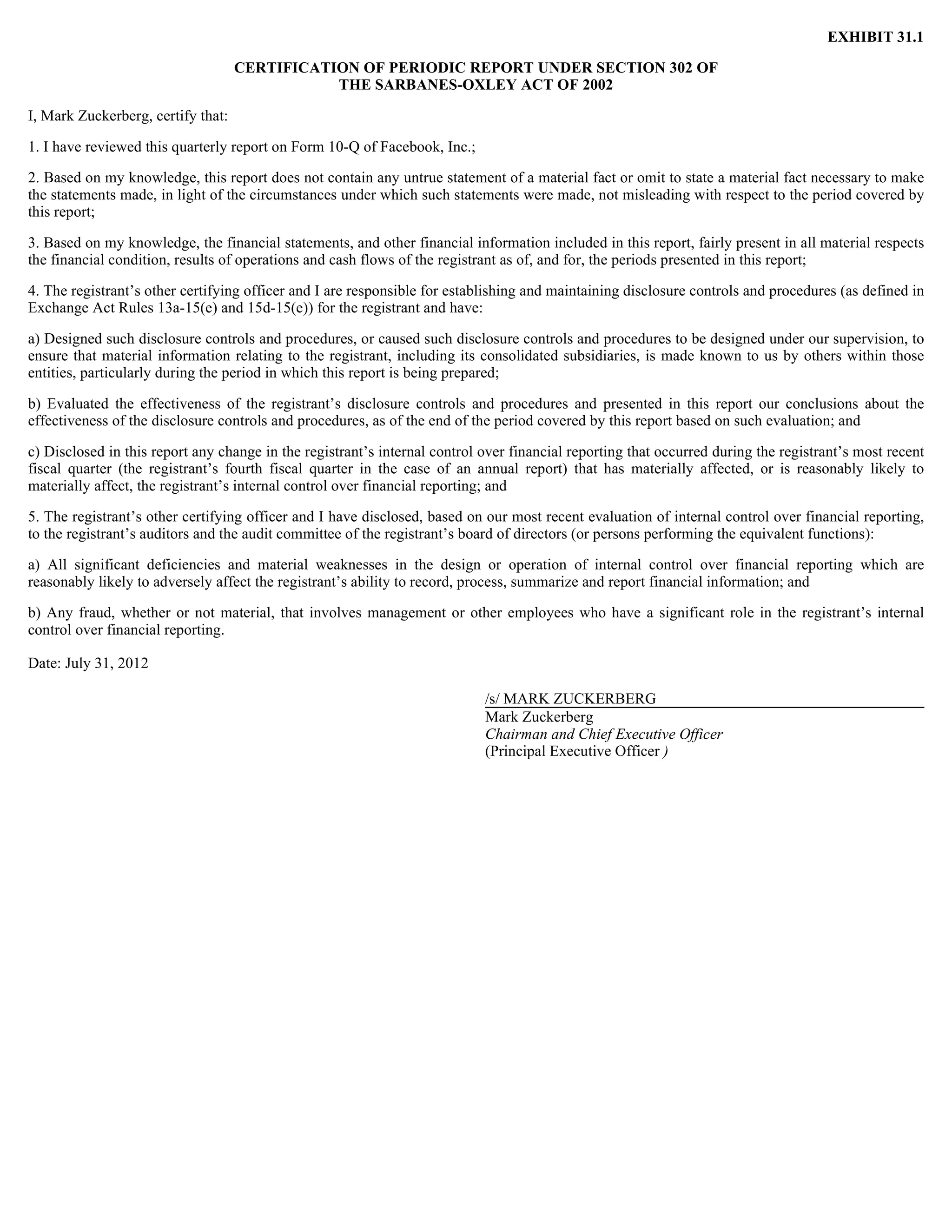 EXHIBIT 31.1

                                    CERTIFICATION OF PERIODIC REPORT UNDER SECTION 302 OF
                                               THE SARBANES-OXLEY ACT OF 2002

I, Mark Zuckerberg, certify that:

1. I have reviewed this quarterly report on Form 10-Q of Facebook, Inc.;

2. Based on my knowledge, this report does not contain any untrue statement of a material fact or omit to state a material fact necessary to make
the statements made, in light of the circumstances under which such statements were made, not misleading with respect to the period covered by
this report;

3. Based on my knowledge, the financial statements, and other financial information included in this report, fairly present in all material respects
the financial condition, results of operations and cash flows of the registrant as of, and for, the periods presented in this report;

4. The registrant’s other certifying officer and I are responsible for establishing and maintaining disclosure controls and procedures (as defined in
Exchange Act Rules 13a-15(e) and 15d-15(e)) for the registrant and have:

a) Designed such disclosure controls and procedures, or caused such disclosure controls and procedures to be designed under our supervision, to
ensure that material information relating to the registrant, including its consolidated subsidiaries, is made known to us by others within those
entities, particularly during the period in which this report is being prepared;

b) Evaluated the effectiveness of the registrant’s disclosure controls and procedures and presented in this report our conclusions about the
effectiveness of the disclosure controls and procedures, as of the end of the period covered by this report based on such evaluation; and

c) Disclosed in this report any change in the registrant’s internal control over financial reporting that occurred during the registrant’s most recent
fiscal quarter (the registrant’s fourth fiscal quarter in the case of an annual report) that has materially affected, or is reasonably likely to
materially affect, the registrant’s internal control over financial reporting; and

5. The registrant’s other certifying officer and I have disclosed, based on our most recent evaluation of internal control over financial reporting,
to the registrant’s auditors and the audit committee of the registrant’s board of directors (or persons performing the equivalent functions):

a) All significant deficiencies and material weaknesses in the design or operation of internal control over financial reporting which are
reasonably likely to adversely affect the registrant’s ability to record, process, summarize and report financial information; and

b) Any fraud, whether or not material, that involves management or other employees who have a significant role in the registrant’s internal
control over financial reporting.

Date: July 31, 2012

                                                                            /s/ MARK ZUCKERBERG
                                                                            Mark Zuckerberg
                                                                            Chairman and Chief Executive Officer
                                                                            (Principal Executive Officer )
 