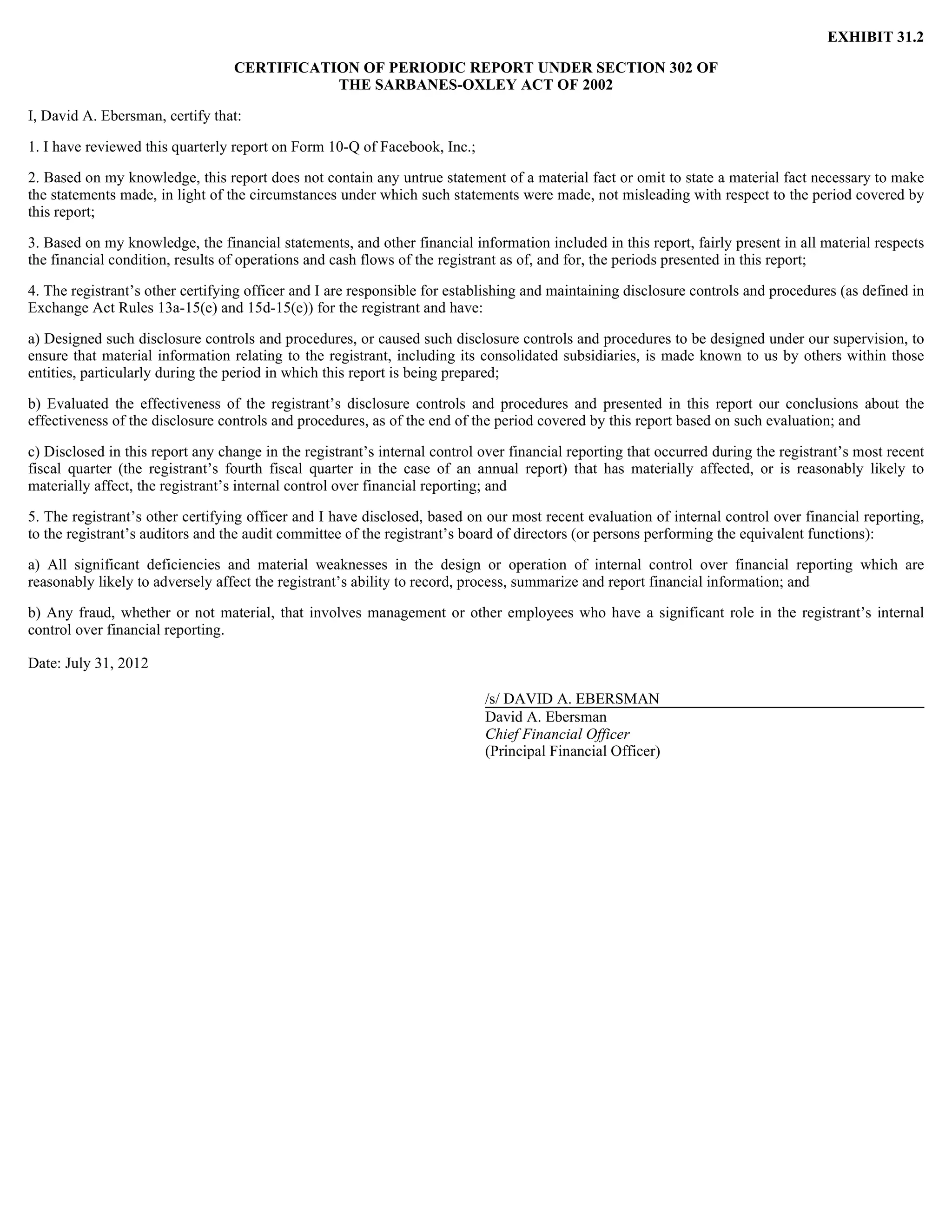 EXHIBIT 31.2

                                  CERTIFICATION OF PERIODIC REPORT UNDER SECTION 302 OF
                                             THE SARBANES-OXLEY ACT OF 2002

I, David A. Ebersman, certify that:

1. I have reviewed this quarterly report on Form 10-Q of Facebook, Inc.;

2. Based on my knowledge, this report does not contain any untrue statement of a material fact or omit to state a material fact necessary to make
the statements made, in light of the circumstances under which such statements were made, not misleading with respect to the period covered by
this report;

3. Based on my knowledge, the financial statements, and other financial information included in this report, fairly present in all material respects
the financial condition, results of operations and cash flows of the registrant as of, and for, the periods presented in this report;

4. The registrant’s other certifying officer and I are responsible for establishing and maintaining disclosure controls and procedures (as defined in
Exchange Act Rules 13a-15(e) and 15d-15(e)) for the registrant and have:

a) Designed such disclosure controls and procedures, or caused such disclosure controls and procedures to be designed under our supervision, to
ensure that material information relating to the registrant, including its consolidated subsidiaries, is made known to us by others within those
entities, particularly during the period in which this report is being prepared;

b) Evaluated the effectiveness of the registrant’s disclosure controls and procedures and presented in this report our conclusions about the
effectiveness of the disclosure controls and procedures, as of the end of the period covered by this report based on such evaluation; and

c) Disclosed in this report any change in the registrant’s internal control over financial reporting that occurred during the registrant’s most recent
fiscal quarter (the registrant’s fourth fiscal quarter in the case of an annual report) that has materially affected, or is reasonably likely to
materially affect, the registrant’s internal control over financial reporting; and

5. The registrant’s other certifying officer and I have disclosed, based on our most recent evaluation of internal control over financial reporting,
to the registrant’s auditors and the audit committee of the registrant’s board of directors (or persons performing the equivalent functions):

a) All significant deficiencies and material weaknesses in the design or operation of internal control over financial reporting which are
reasonably likely to adversely affect the registrant’s ability to record, process, summarize and report financial information; and

b) Any fraud, whether or not material, that involves management or other employees who have a significant role in the registrant’s internal
control over financial reporting.

Date: July 31, 2012

                                                                            /s/ DAVID A. EBERSMAN
                                                                            David A. Ebersman
                                                                            Chief Financial Officer
                                                                            (Principal Financial Officer)
 
