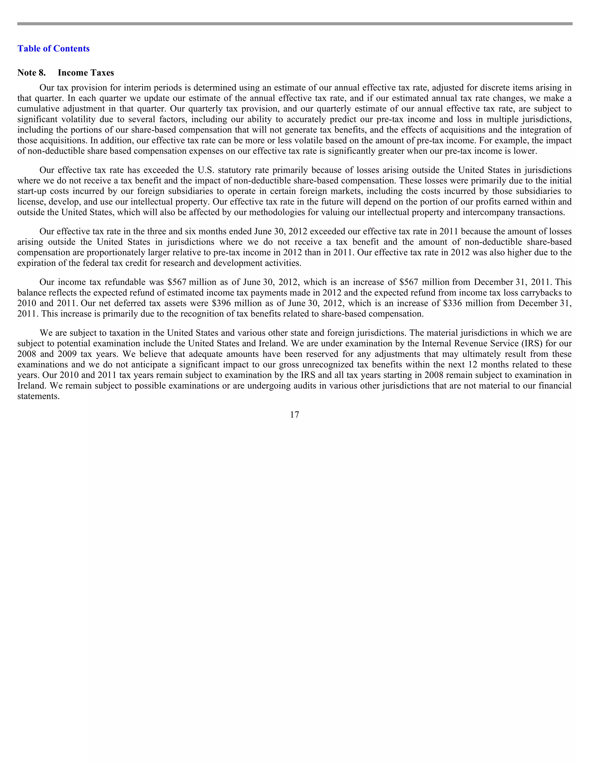 Table of Contents

Note 8.   Income Taxes
      Our tax provision for interim periods is determined using an estimate of our annual effective tax rate, adjusted for discrete items arising in
that quarter. In each quarter we update our estimate of the annual effective tax rate, and if our estimated annual tax rate changes, we make a
cumulative adjustment in that quarter. Our quarterly tax provision, and our quarterly estimate of our annual effective tax rate, are subject to
significant volatility due to several factors, including our ability to accurately predict our pre-tax income and loss in multiple jurisdictions,
including the portions of our share-based compensation that will not generate tax benefits, and the effects of acquisitions and the integration of
those acquisitions. In addition, our effective tax rate can be more or less volatile based on the amount of pre-tax income. For example, the impact
of non-deductible share based compensation expenses on our effective tax rate is significantly greater when our pre-tax income is lower.

       Our effective tax rate has exceeded the U.S. statutory rate primarily because of losses arising outside the United States in jurisdictions
where we do not receive a tax benefit and the impact of non-deductible share-based compensation. These losses were primarily due to the initial
start-up costs incurred by our foreign subsidiaries to operate in certain foreign markets, including the costs incurred by those subsidiaries to
license, develop, and use our intellectual property. Our effective tax rate in the future will depend on the portion of our profits earned within and
outside the United States, which will also be affected by our methodologies for valuing our intellectual property and intercompany transactions.

      Our effective tax rate in the three and six months ended June 30, 2012 exceeded our effective tax rate in 2011 because the amount of losses
arising outside the United States in jurisdictions where we do not receive a tax benefit and the amount of non-deductible share-based
compensation are proportionately larger relative to pre-tax income in 2012 than in 2011. Our effective tax rate in 2012 was also higher due to the
expiration of the federal tax credit for research and development activities.

     Our income tax refundable was $567 million as of June 30, 2012, which is an increase of $567 million from December 31, 2011. This
balance reflects the expected refund of estimated income tax payments made in 2012 and the expected refund from income tax loss carrybacks to
2010 and 2011. Our net deferred tax assets were $396 million as of June 30, 2012, which is an increase of $336 million from December 31,
2011. This increase is primarily due to the recognition of tax benefits related to share-based compensation.

      We are subject to taxation in the United States and various other state and foreign jurisdictions. The material jurisdictions in which we are
subject to potential examination include the United States and Ireland. We are under examination by the Internal Revenue Service (IRS) for our
2008 and 2009 tax years. We believe that adequate amounts have been reserved for any adjustments that may ultimately result from these
examinations and we do not anticipate a significant impact to our gross unrecognized tax benefits within the next 12 months related to these
years. Our 2010 and 2011 tax years remain subject to examination by the IRS and all tax years starting in 2008 remain subject to examination in
Ireland. We remain subject to possible examinations or are undergoing audits in various other jurisdictions that are not material to our financial
statements.
                                                                         17
 