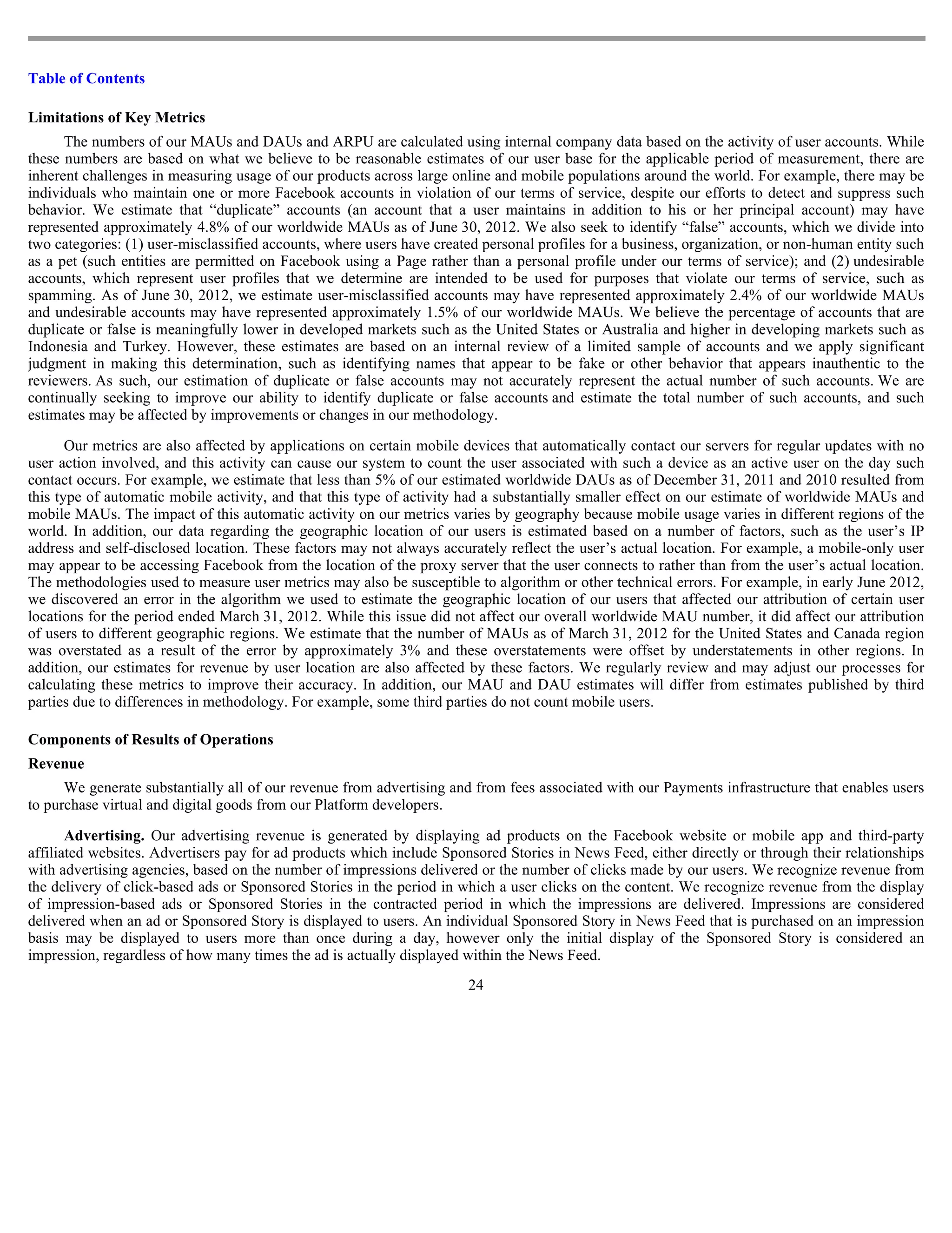 Table of Contents

Limitations of Key Metrics
      The numbers of our MAUs and DAUs and ARPU are calculated using internal company data based on the activity of user accounts. While
these numbers are based on what we believe to be reasonable estimates of our user base for the applicable period of measurement, there are
inherent challenges in measuring usage of our products across large online and mobile populations around the world. For example, there may be
individuals who maintain one or more Facebook accounts in violation of our terms of service, despite our efforts to detect and suppress such
behavior. We estimate that “duplicate” accounts (an account that a user maintains in addition to his or her principal account) may have
represented approximately 4.8% of our worldwide MAUs as of June 30, 2012. We also seek to identify “false” accounts, which we divide into
two categories: (1) user-misclassified accounts, where users have created personal profiles for a business, organization, or non-human entity such
as a pet (such entities are permitted on Facebook using a Page rather than a personal profile under our terms of service); and (2) undesirable
accounts, which represent user profiles that we determine are intended to be used for purposes that violate our terms of service, such as
spamming. As of June 30, 2012, we estimate user-misclassified accounts may have represented approximately 2.4% of our worldwide MAUs
and undesirable accounts may have represented approximately 1.5% of our worldwide MAUs. We believe the percentage of accounts that are
duplicate or false is meaningfully lower in developed markets such as the United States or Australia and higher in developing markets such as
Indonesia and Turkey. However, these estimates are based on an internal review of a limited sample of accounts and we apply significant
judgment in making this determination, such as identifying names that appear to be fake or other behavior that appears inauthentic to the
reviewers. As such, our estimation of duplicate or false accounts may not accurately represent the actual number of such accounts. We are
continually seeking to improve our ability to identify duplicate or false accounts and estimate the total number of such accounts, and such
estimates may be affected by improvements or changes in our methodology.

       Our metrics are also affected by applications on certain mobile devices that automatically contact our servers for regular updates with no
user action involved, and this activity can cause our system to count the user associated with such a device as an active user on the day such
contact occurs. For example, we estimate that less than 5% of our estimated worldwide DAUs as of December 31, 2011 and 2010 resulted from
this type of automatic mobile activity, and that this type of activity had a substantially smaller effect on our estimate of worldwide MAUs and
mobile MAUs. The impact of this automatic activity on our metrics varies by geography because mobile usage varies in different regions of the
world. In addition, our data regarding the geographic location of our users is estimated based on a number of factors, such as the user’s IP
address and self-disclosed location. These factors may not always accurately reflect the user’s actual location. For example, a mobile-only user
may appear to be accessing Facebook from the location of the proxy server that the user connects to rather than from the user’s actual location.
The methodologies used to measure user metrics may also be susceptible to algorithm or other technical errors. For example, in early June 2012,
we discovered an error in the algorithm we used to estimate the geographic location of our users that affected our attribution of certain user
locations for the period ended March 31, 2012. While this issue did not affect our overall worldwide MAU number, it did affect our attribution
of users to different geographic regions. We estimate that the number of MAUs as of March 31, 2012 for the United States and Canada region
was overstated as a result of the error by approximately 3% and these overstatements were offset by understatements in other regions. In
addition, our estimates for revenue by user location are also affected by these factors. We regularly review and may adjust our processes for
calculating these metrics to improve their accuracy. In addition, our MAU and DAU estimates will differ from estimates published by third
parties due to differences in methodology. For example, some third parties do not count mobile users.

Components of Results of Operations
Revenue
      We generate substantially all of our revenue from advertising and from fees associated with our Payments infrastructure that enables users
to purchase virtual and digital goods from our Platform developers.

       Advertising. Our advertising revenue is generated by displaying ad products on the Facebook website or mobile app and third-party
affiliated websites. Advertisers pay for ad products which include Sponsored Stories in News Feed, either directly or through their relationships
with advertising agencies, based on the number of impressions delivered or the number of clicks made by our users. We recognize revenue from
the delivery of click-based ads or Sponsored Stories in the period in which a user clicks on the content. We recognize revenue from the display
of impression-based ads or Sponsored Stories in the contracted period in which the impressions are delivered. Impressions are considered
delivered when an ad or Sponsored Story is displayed to users. An individual Sponsored Story in News Feed that is purchased on an impression
basis may be displayed to users more than once during a day, however only the initial display of the Sponsored Story is considered an
impression, regardless of how many times the ad is actually displayed within the News Feed.
                                                                       24
 