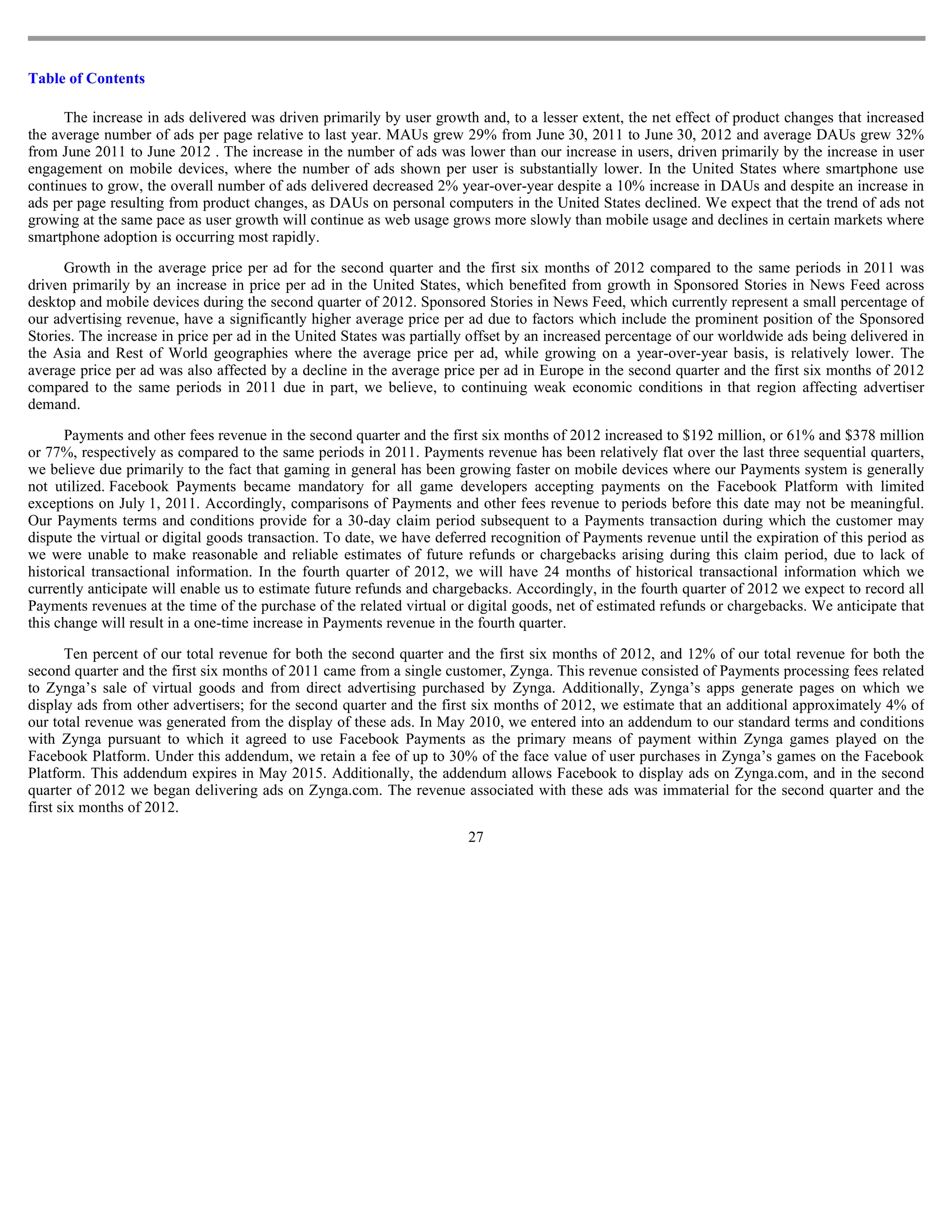 Table of Contents

      The increase in ads delivered was driven primarily by user growth and, to a lesser extent, the net effect of product changes that increased
the average number of ads per page relative to last year. MAUs grew 29% from June 30, 2011 to June 30, 2012 and average DAUs grew 32%
from June 2011 to June 2012 . The increase in the number of ads was lower than our increase in users, driven primarily by the increase in user
engagement on mobile devices, where the number of ads shown per user is substantially lower. In the United States where smartphone use
continues to grow, the overall number of ads delivered decreased 2% year-over-year despite a 10% increase in DAUs and despite an increase in
ads per page resulting from product changes, as DAUs on personal computers in the United States declined. We expect that the trend of ads not
growing at the same pace as user growth will continue as web usage grows more slowly than mobile usage and declines in certain markets where
smartphone adoption is occurring most rapidly.

      Growth in the average price per ad for the second quarter and the first six months of 2012 compared to the same periods in 2011 was
driven primarily by an increase in price per ad in the United States, which benefited from growth in Sponsored Stories in News Feed across
desktop and mobile devices during the second quarter of 2012. Sponsored Stories in News Feed, which currently represent a small percentage of
our advertising revenue, have a significantly higher average price per ad due to factors which include the prominent position of the Sponsored
Stories. The increase in price per ad in the United States was partially offset by an increased percentage of our worldwide ads being delivered in
the Asia and Rest of World geographies where the average price per ad, while growing on a year-over-year basis, is relatively lower. The
average price per ad was also affected by a decline in the average price per ad in Europe in the second quarter and the first six months of 2012
compared to the same periods in 2011 due in part, we believe, to continuing weak economic conditions in that region affecting advertiser
demand.

      Payments and other fees revenue in the second quarter and the first six months of 2012 increased to $192 million, or 61% and $378 million
or 77%, respectively as compared to the same periods in 2011. Payments revenue has been relatively flat over the last three sequential quarters,
we believe due primarily to the fact that gaming in general has been growing faster on mobile devices where our Payments system is generally
not utilized. Facebook Payments became mandatory for all game developers accepting payments on the Facebook Platform with limited
exceptions on July 1, 2011. Accordingly, comparisons of Payments and other fees revenue to periods before this date may not be meaningful.
Our Payments terms and conditions provide for a 30-day claim period subsequent to a Payments transaction during which the customer may
dispute the virtual or digital goods transaction. To date, we have deferred recognition of Payments revenue until the expiration of this period as
we were unable to make reasonable and reliable estimates of future refunds or chargebacks arising during this claim period, due to lack of
historical transactional information. In the fourth quarter of 2012, we will have 24 months of historical transactional information which we
currently anticipate will enable us to estimate future refunds and chargebacks. Accordingly, in the fourth quarter of 2012 we expect to record all
Payments revenues at the time of the purchase of the related virtual or digital goods, net of estimated refunds or chargebacks. We anticipate that
this change will result in a one-time increase in Payments revenue in the fourth quarter.

       Ten percent of our total revenue for both the second quarter and the first six months of 2012, and 12% of our total revenue for both the
second quarter and the first six months of 2011 came from a single customer, Zynga. This revenue consisted of Payments processing fees related
to Zynga’s sale of virtual goods and from direct advertising purchased by Zynga. Additionally, Zynga’s apps generate pages on which we
display ads from other advertisers; for the second quarter and the first six months of 2012, we estimate that an additional approximately 4% of
our total revenue was generated from the display of these ads. In May 2010, we entered into an addendum to our standard terms and conditions
with Zynga pursuant to which it agreed to use Facebook Payments as the primary means of payment within Zynga games played on the
Facebook Platform. Under this addendum, we retain a fee of up to 30% of the face value of user purchases in Zynga’s games on the Facebook
Platform. This addendum expires in May 2015. Additionally, the addendum allows Facebook to display ads on Zynga.com, and in the second
quarter of 2012 we began delivering ads on Zynga.com. The revenue associated with these ads was immaterial for the second quarter and the
first six months of 2012.
                                                                       27
 