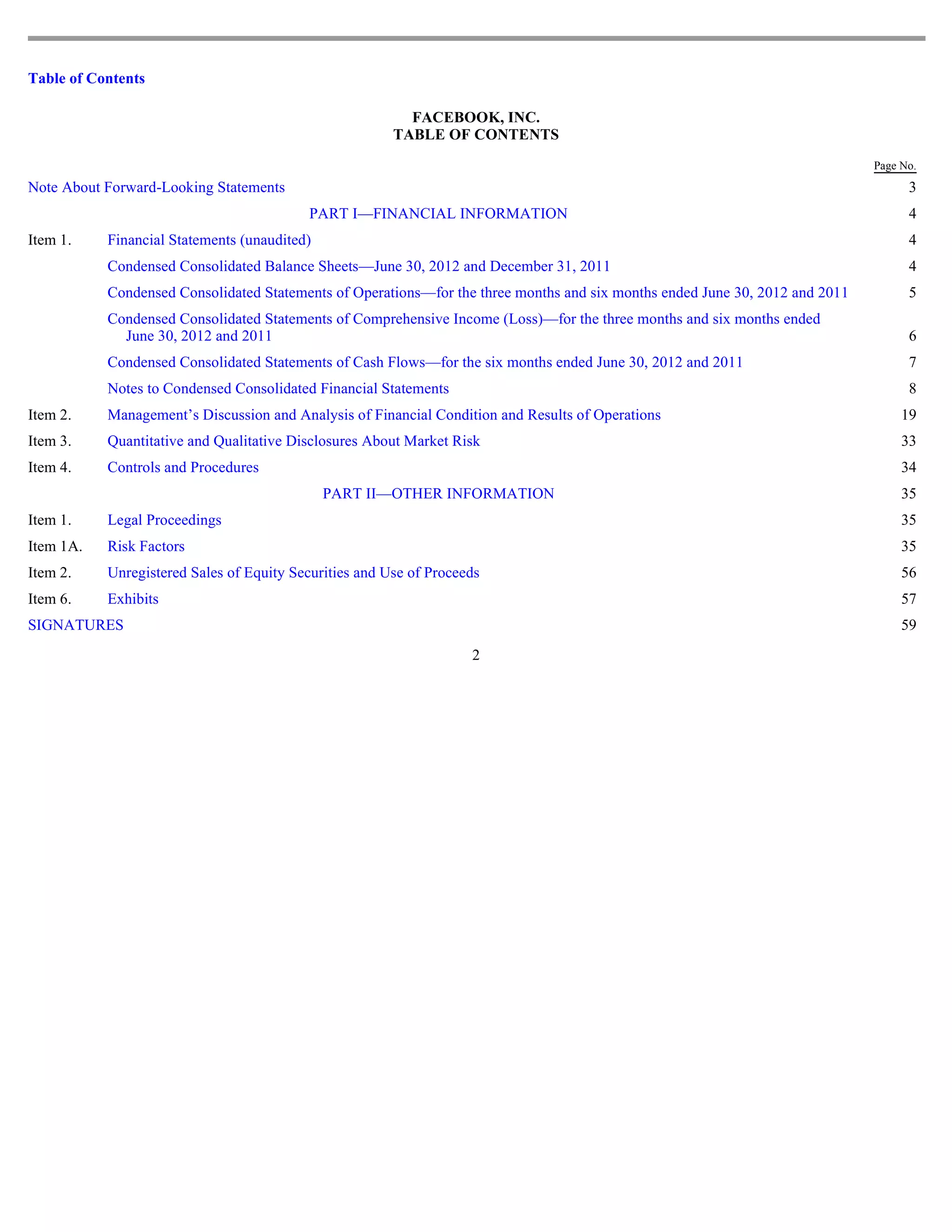 Table of Contents

                                                          FACEBOOK, INC.
                                                        TABLE OF CONTENTS
                                                                                                                              Page No.
Note About Forward-Looking Statements                                                                                               3
                                           PART I—FINANCIAL INFORMATION                                                             4
Item 1.    Financial Statements (unaudited)                                                                                         4
           Condensed Consolidated Balance Sheets—June 30, 2012 and December 31, 2011                                                4
           Condensed Consolidated Statements of Operations—for the three months and six months ended June 30, 2012 and 2011         5
           Condensed Consolidated Statements of Comprehensive Income (Loss)—for the three months and six months ended
             June 30, 2012 and 2011                                                                                                 6
           Condensed Consolidated Statements of Cash Flows—for the six months ended June 30, 2012 and 2011                          7
           Notes to Condensed Consolidated Financial Statements                                                                     8
Item 2.    Management’s Discussion and Analysis of Financial Condition and Results of Operations                                   19
Item 3.    Quantitative and Qualitative Disclosures About Market Risk                                                              33
Item 4.    Controls and Procedures                                                                                                 34
                                              PART II—OTHER INFORMATION                                                            35
Item 1.    Legal Proceedings                                                                                                       35
Item 1A.   Risk Factors                                                                                                            35
Item 2.    Unregistered Sales of Equity Securities and Use of Proceeds                                                             56
Item 6.    Exhibits                                                                                                                57
SIGNATURES                                                                                                                         59
                                                                    2
 