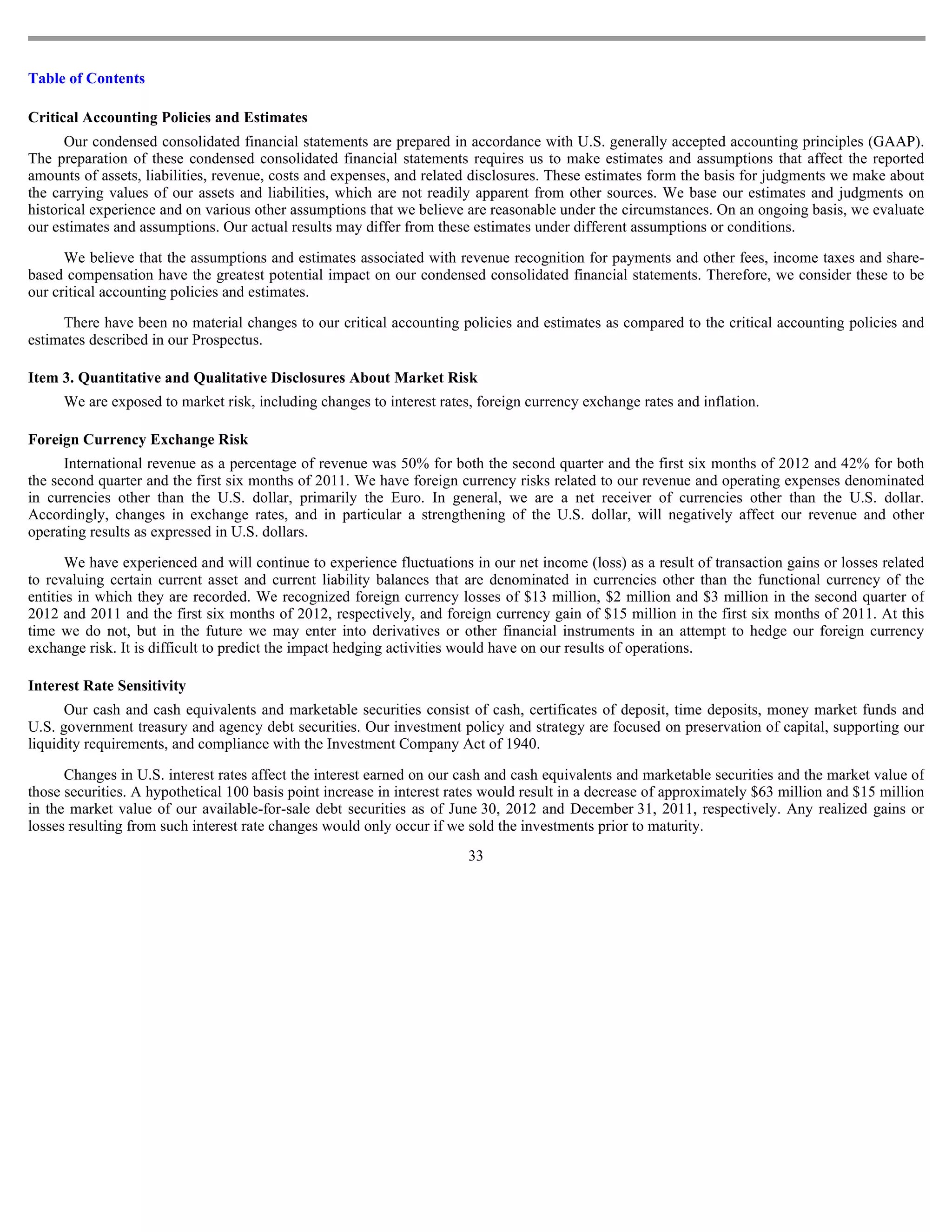Table of Contents

Critical Accounting Policies and Estimates
      Our condensed consolidated financial statements are prepared in accordance with U.S. generally accepted accounting principles (GAAP).
The preparation of these condensed consolidated financial statements requires us to make estimates and assumptions that affect the reported
amounts of assets, liabilities, revenue, costs and expenses, and related disclosures. These estimates form the basis for judgments we make about
the carrying values of our assets and liabilities, which are not readily apparent from other sources. We base our estimates and judgments on
historical experience and on various other assumptions that we believe are reasonable under the circumstances. On an ongoing basis, we evaluate
our estimates and assumptions. Our actual results may differ from these estimates under different assumptions or conditions.

      We believe that the assumptions and estimates associated with revenue recognition for payments and other fees, income taxes and share-
based compensation have the greatest potential impact on our condensed consolidated financial statements. Therefore, we consider these to be
our critical accounting policies and estimates.

     There have been no material changes to our critical accounting policies and estimates as compared to the critical accounting policies and
estimates described in our Prospectus.

Item 3. Quantitative and Qualitative Disclosures About Market Risk
     We are exposed to market risk, including changes to interest rates, foreign currency exchange rates and inflation.

Foreign Currency Exchange Risk
      International revenue as a percentage of revenue was 50% for both the second quarter and the first six months of 2012 and 42% for both
the second quarter and the first six months of 2011. We have foreign currency risks related to our revenue and operating expenses denominated
in currencies other than the U.S. dollar, primarily the Euro. In general, we are a net receiver of currencies other than the U.S. dollar.
Accordingly, changes in exchange rates, and in particular a strengthening of the U.S. dollar, will negatively affect our revenue and other
operating results as expressed in U.S. dollars.

       We have experienced and will continue to experience fluctuations in our net income (loss) as a result of transaction gains or losses related
to revaluing certain current asset and current liability balances that are denominated in currencies other than the functional currency of the
entities in which they are recorded. We recognized foreign currency losses of $13 million, $2 million and $3 million in the second quarter of
2012 and 2011 and the first six months of 2012, respectively, and foreign currency gain of $15 million in the first six months of 2011. At this
time we do not, but in the future we may enter into derivatives or other financial instruments in an attempt to hedge our foreign currency
exchange risk. It is difficult to predict the impact hedging activities would have on our results of operations.

Interest Rate Sensitivity
      Our cash and cash equivalents and marketable securities consist of cash, certificates of deposit, time deposits, money market funds and
U.S. government treasury and agency debt securities. Our investment policy and strategy are focused on preservation of capital, supporting our
liquidity requirements, and compliance with the Investment Company Act of 1940.

      Changes in U.S. interest rates affect the interest earned on our cash and cash equivalents and marketable securities and the market value of
those securities. A hypothetical 100 basis point increase in interest rates would result in a decrease of approximately $63 million and $15 million
in the market value of our available-for-sale debt securities as of June 30, 2012 and December 31, 2011, respectively. Any realized gains or
losses resulting from such interest rate changes would only occur if we sold the investments prior to maturity.
                                                                        33
 