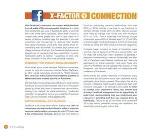 X-FACTOR                           1       CONNECTION
                         With Facebook, consumers can connect with individuals          focus on maintaining personal relationships than men
                         from all walks of life and geographic locations. And while     (63% vs. 54%), and are more likely to use Facebook to
                         most consumers see value in Facebook’s ability to connect      connect with old friends (68% vs. 56%). Women are also
                         them with these other individuals, whom they choose to         more likely to manage their social lives with Facebook
                         connect with varies greatly from user to user based on a       (41% vs. 34%). This is especially true among younger
                         variety of factors, including age. For example, if you ask     consumers, where 68% of females aged 15-17 and 54%
                         consumers over 25-years-old to describe their favorite         of women aged 18-24 use Facebook to find out what their
                         thing about Facebook, you’ll likely hear stories about re-     friends are doing and what social activities are happening.
                         connecting with old friends. In contrast, high school and
                                                                                        Compare these numbers to those of Facebook users
                         college students will tell you that Facebook has become an
                                                                                        who say they’ve become a FAN of a brand (43%), and
                         integral part of managing their busy social lives. In short,
                                                                                        it’s clear that consumers view Facebook as primarily a
                         Facebook’s ability to connect—regardless of who, why,
                                                                                        personal—not marketing—channel. Additionally, less than
                         when, or where—is one of its most powerful x-factors.
                                                                                        half of Facebook users believe marketers are “welcome
                         FACEBOOK = THE ‘DEFAULT’ SOCIAL COMMUNITY                      participants on social networks,” and even those who
                                                                                        welcome marketers say it’s because they believe in “free
                         When asked about social networks, Facebook immediately
                                                                                        enterprise,” not because they seek out interactions with
                         comes to mind for consumers—before Twitter, MySpace,
                                                                                        marketers on Facebook.
                         or other social networking communities. That’s because
                         64% of all U.S. online consumers (and three quarters of        While brands are clearly embraced on Facebook, many
                         Millennials) have created a profile on Facebook.               consumers are still unsure about how marketers should
                                                                                        participate once they’ve arrived. They worry that at any
                         The fact that so many people around the world have created
                                                                                        moment, marketers might revert to spamming them with
                         Facebook accounts demonstrates that it’s the first place
                                                                                        irrelevant messages in an attempt to drive sales. In order
                         people go when they want to connect with others online,
                                                                                        to combat your consumers’ fears, you should look
                         making it the ‘default’ for social networking. Facebook’s
                                                                                        at every Facebook engagement as an opportunity to
                         viral effect is spreading, turning once-adamant Facebook
                                                                                        build trust, demonstrating that you understand your
                         hold-outs into inevitably willing participants.
                                                                                        consumers’ priorities and that you respect them as
                         GETTING PERSONAL WITH FACEBOOK                                 individuals. Failure to do so will likely turn consumers
                                                                                        off to your brand, potentially hurting your reputation and
                         Facebook is far more personal than professional. 59% of        negatively impacting your bottom line.
                         consumers say they use Facebook in order to maintain
                         personal relationships compared to only 15% who use
                         it for professional contacts. Women are more likely to




4   © 2010 ExactTarget
 