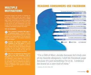 REASONS CONSUMERS USE FACEBOOK
MULTIPLE
MOTIVATIONS                                                                                         To reconnect with old friends & friends that live far away
                                                                                                                            63%              22%         15%
Consumers engage with brands on Facebook for                                                                                   To maintain personal contacts
a variety of reasons, which can make it difficult                                                                        59%                24%          17%
for marketers to decipher what the act of LIKING                                                                               To stay on top of my social life
really means. Consumers are as likely to become                                                          37%                25%                          38%
a FAN in order to get updates on upcoming sales
                                                                                                             To fill downtime, Facebook is a “guilty pleasure”
as they are for fun and entertainment. And even
though many consumers are looking for discounts,                                                    30%                  28%                             42%
marketers must always consider the context.                                                                       To play games (e.g. FarmVille, Mafia Wars)
                                                                                                    30%        15%                                       55%
TIPS TO CONSIDER:
                                                                                               Only to read messages from friends that require me to login
        Your company’s Facebook FAN page is                                                                   21%
 1      a continuous stream. Consider including a
                                                                                              23%                                                        56%
cross-section of content that focuses on the varying
                                                                                                         To keep tabs on my children’s/grandchildren’s lives
interests of your target audience. This will keep your                                  16%             21%                                              62%
diverse consumers (with their diverse motivations)                                                                   To maintain professional/work contacts
continually engaged.                                                                    15%            20%                                                65%
       Consider the reasons consumers use
 2     Facebook in the first place: to connect
                                                                                                         AGREE             NEUTRAL               DISAGREE
with others, to express themselves, to have fun,
and to discover new things. Successful Facebook
campaigns tap into this larger context by giving
consumers a way to interact—not only with your
brand, but with other like-minded consumers.

        Only 17% of consumers say they’re more
 3      likely to buy after becoming a FAN on
Facebook. Many of the most vocal consumers are
                                                         “I’m a FAN of Marc Jacobs because he’s truly one
only interested in social interaction, while some of     of my favorite designers. I visit his Facebook page
the most motivated consumers have no interest in
fun and games. Work on measuring the impact of           because it’s just something I’m in to. I embrace
different engagement metrics on your bottom line
in order to understand which approach contributes        his brand as a core trait of mine.”
most to your ROI.
                                                         – Jessica, 25, Ann Arbor, MI


                                                                                                                                           © 2010 ExactTarget     7
 