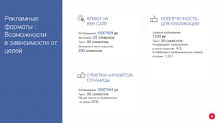Рекламные
форматы :
Возможности
в зависимости от
целей
Изображение: 1200*628 px
Заголовок: 25 символов
Текст: 90 символов
Описание в ленте новостей:
200 символов
КЛИКИ НА
ВЕБ САЙТ
Ширина изображения:
1200 px
Текст: 90 символов
Коэффициент изображения
в ленте новостей: 4:3
Коэффициент изображения для правой
колонки: 1,9:1
ВОВЛЕЧЕННОСТЬ
ДЛЯ ПУБЛИКАЦИИ
ОТМЕТКИ «НРАВИТСЯ»
СТРАНИЦЫ
Изображение: 1200*444 px
Текст: 90 символов
Объем текста на изображении:
не более 20%
 