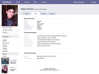 facebook Dallas Winston  I can’t live with myself… Personal Information Wall Photos Flair Boxes Dallas Winston Logout View photos of Dally (5) Send Dally a message Poke Dally Wall Info Photos Boxes Basic Information Information Networks : Greaser Birthday: July 15, 1945 Political: Democrat Religion: Christian Hometown: Oklahoma Photos Networks:     Greasers Sex:     Male Birthday:     July 15, 1945 Hometown:     Oklahoma Relationship Status:   Single Political Views:   Democrat Religious Views:   Christian Activities:     Jumping People, Rumbles, and Hanging With The Greasers Interests:   Sports, Working Out, Girls, and Fights Favorite Music:   The Rolling Stones, Beatles, and Jimi Hendrix Favorite Movies:   Pyscho, and Night of the Living Dead Favorite TV Shows:   Twilight Zone, Gilligan’s Island, and Gun Smoke Favorite Books:   Do you really think I read? The Greasers Updated last Wednesday 2 Albums Nonsense Updated one year ago Contact Information Address:   35281 W 567 th  Street, Tulsa OK, 12197 Phone Number:   (405) 685 4034 Template obtained from http://techtoolsforschools.blogspot.com 