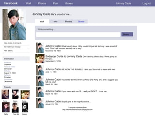 facebook Johnny Cade  He’s proud of me… Wall Photos Flair Boxes Johnny Cade Logout View photos of Johnny (5) Send Johnny a message Poke Johnny Wall Info Photos Boxes Write something… Share Information Networks :: Greasers Political Views: Democrat Birthday: August 1, 1949 Religion: Christian Hometown: Oklahoma Friends Pony Darry Soda Dally Two Bit Johnny Cade  What have I done.  Why couldn’t I just tell Johnny I was proud of him!  That’s all he ever wanted me to say! November 15, 1964 Steve Sodapop Curtis to Johnny Cade  Don’t worry Johnny boy. Were going to find you. September 3, 19764 Johnny Cade  WE WON THE RUMBLE! I told you Socs not to mess with me! June 11, 1964 Johnny Cade  You better tell me where Johnny and Pony are, and I suggest you tell me now! March 20, 1964 Johnny Cade  If you mess with me I’ll… well just DON’T… trust me. March 19, 1964 Johnny Cade  Stupid girls at the nightly double… January13, 1964 Template obtained from http://techtoolsforschools.blogspot.com 