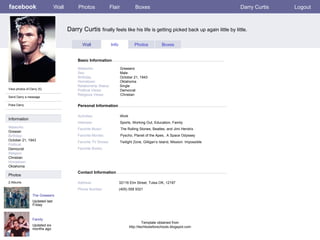 facebook Darry Curtis  finally feels like his life is getting picked back up again little by little. Personal Information Wall Photos Flair Boxes Darry Curtis Logout View photos of Darry (5) Send Darry a message Poke Darry Wall Info Photos Boxes Basic Information Information Networks : Greaser Birthday: October 21, 1943 Political: Democrat Religion: Christian Hometown: Oklahoma Photos Networks:     Greasers Sex:     Male Birthday:     October 21, 1943 Hometown:     Oklahoma Relationship Status:   Single Political Views:   Democrat Religious Views:   Christian Activities:     Work Interests:   Sports, Working Out, Education, Family Favorite Music:   The Rolling Stones, Beatles, and Jimi Hendrix Favorite Movies:   Pyscho, Planet of the Apes,  A Space Odyssey  Favorite TV Shows:   Twilight Zone, Gilligan’s Island, Mission: Impossible Favorite Books: The Greasers Updated last Friday 2 Albums Family Updated six months ago Contact Information Address:   32116 Elm Street, Tulsa OK, 12197 Phone Number:   (405) 558 9321 Template obtained from http://techtoolsforschools.blogspot.com 