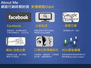 搜尋引擎
網站/活動企劃 口碑社群傳播操作
Facebook 社群監控
媒體/論壇/社群平台監控、
預警與solution建議
議題發想、粉絲關係管理、
文案與視覺設計、O2O交流
搜索趨勢分析、SEO
活動網站企劃、執行溝通
數據分析與監控
社群觀察、議題發想、文章撰寫
與拍攝、後續話題操作
KOL關係維護
意見領袖與部落客運用操作與
關係維護(Key Opinion Leaders)
About Me
網路行銷時期的我 安德網路Odot
 